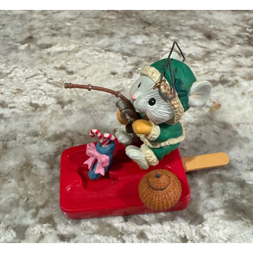 Vintage 1998 Luv24 Paper Ltd Mouse Ice Fishing on Popsicle Christmas Ornament